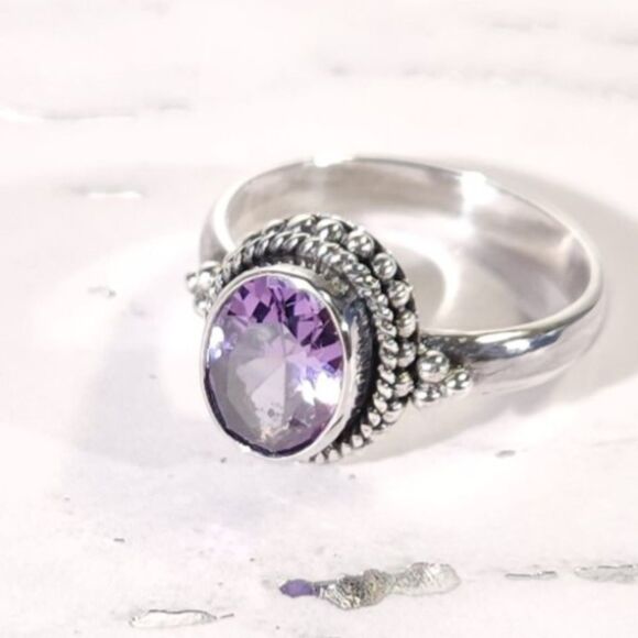 Bali Style Simulated Amethyst Silver Ring Size 9 - Picture 1 of 8